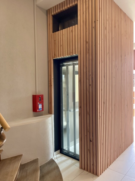 immeuble avec ascenseur vitré noir et bardage en bois